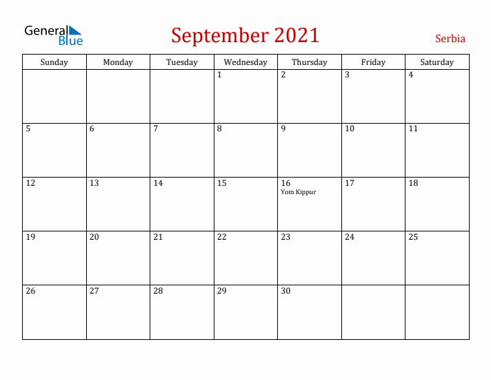 Serbia September 2021 Calendar - Sunday Start