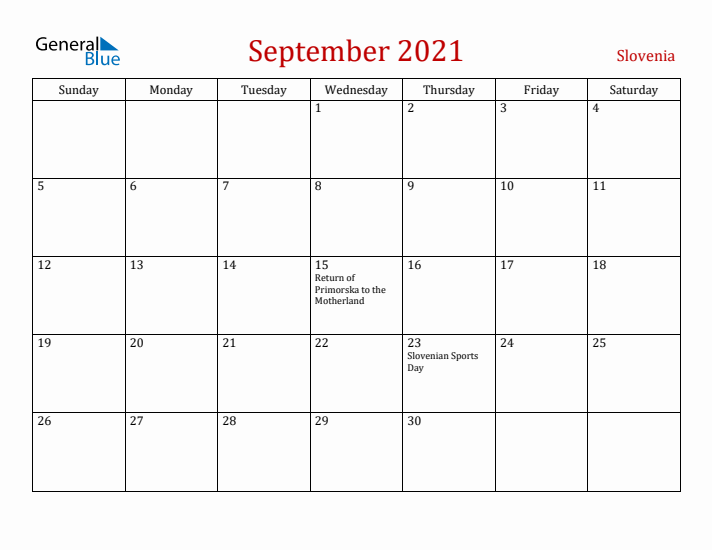 Slovenia September 2021 Calendar - Sunday Start