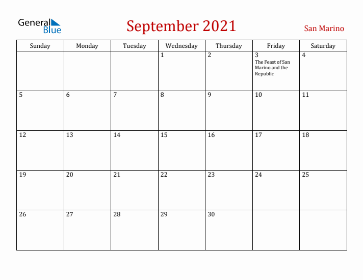 San Marino September 2021 Calendar - Sunday Start