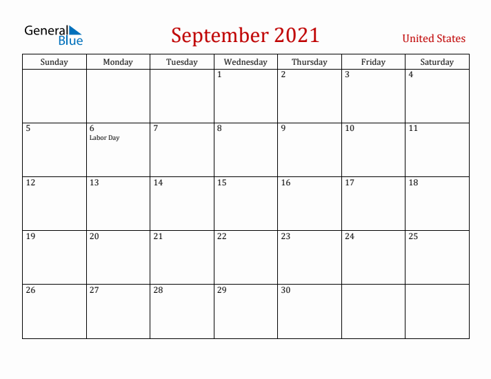 United States September 2021 Calendar - Sunday Start