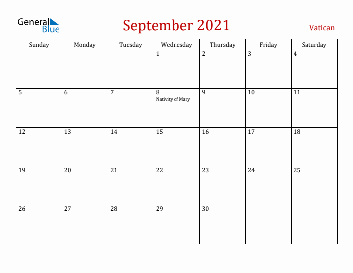 Vatican September 2021 Calendar - Sunday Start