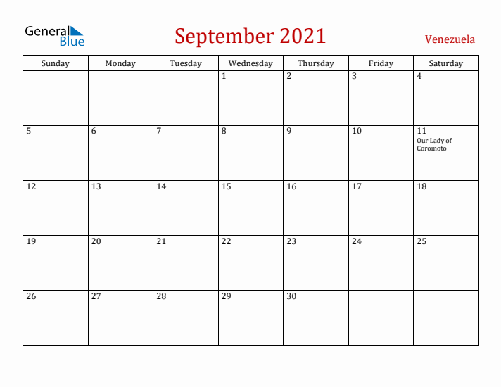 Venezuela September 2021 Calendar - Sunday Start