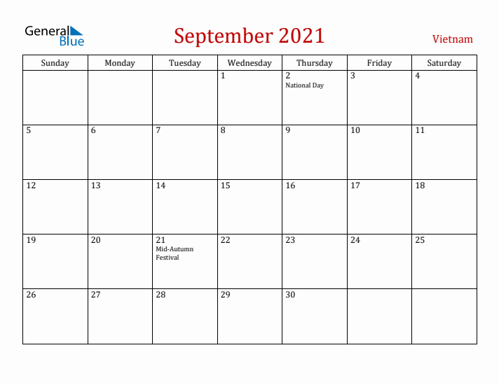 Vietnam September 2021 Calendar - Sunday Start