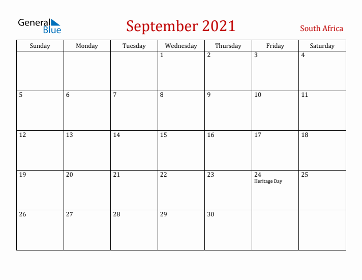 South Africa September 2021 Calendar - Sunday Start