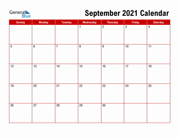 Simple Monthly Calendar - September 2021