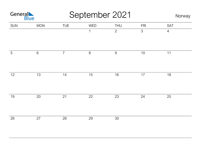 Printable September 2021 Calendar for Norway