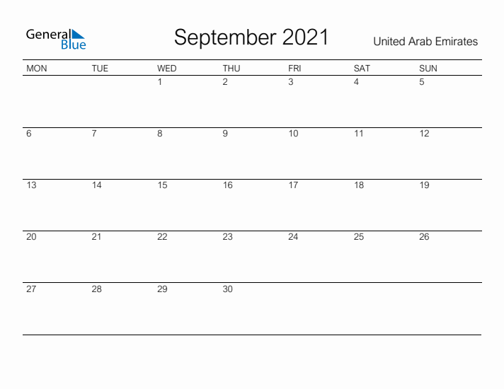 Printable September 2021 Calendar for United Arab Emirates