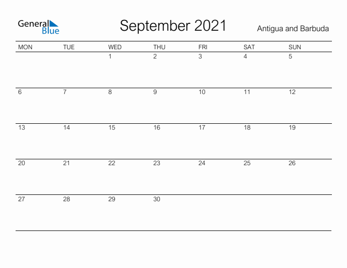Printable September 2021 Calendar for Antigua and Barbuda