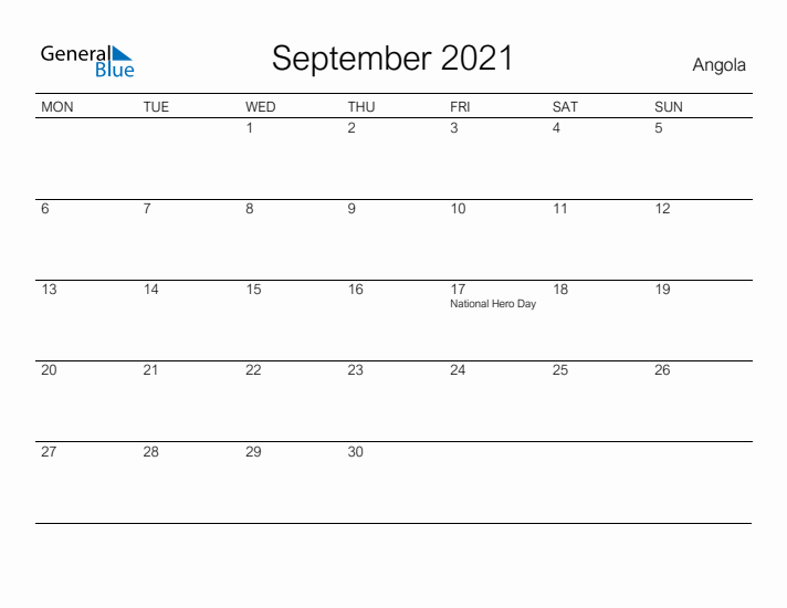 Printable September 2021 Calendar for Angola