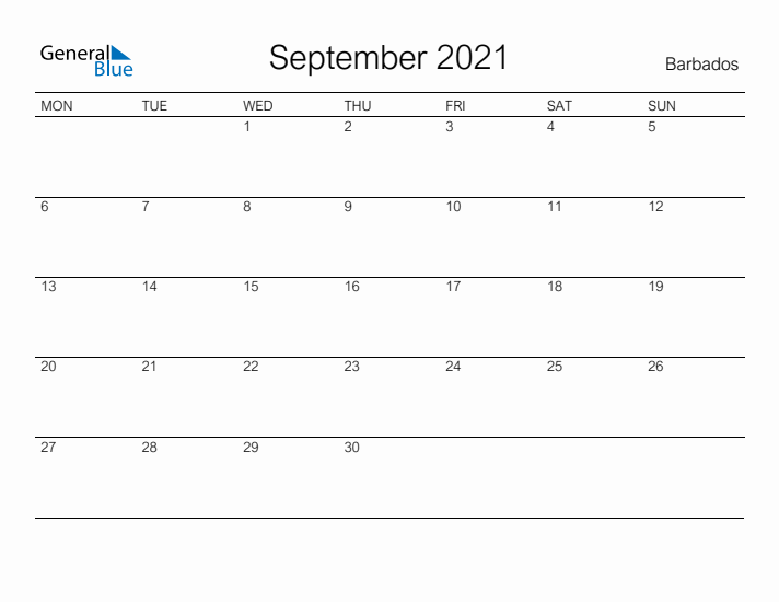 Printable September 2021 Calendar for Barbados