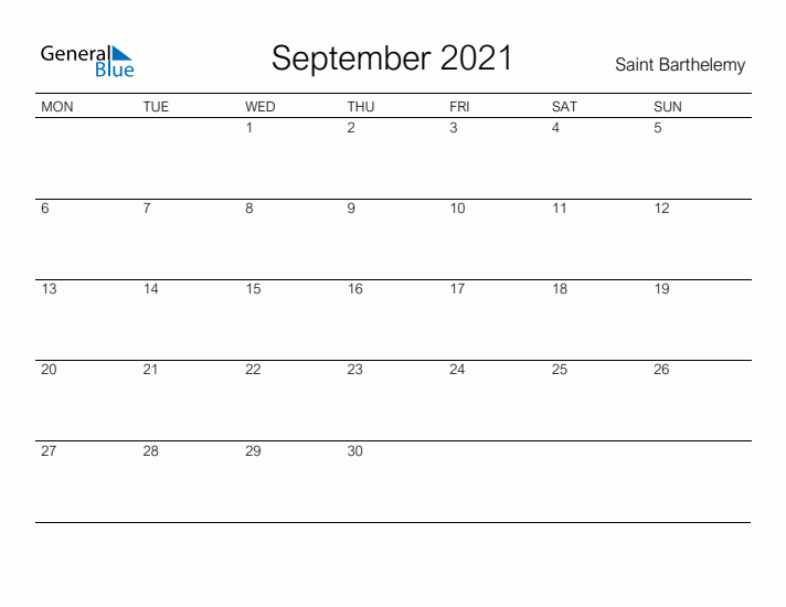 Printable September 2021 Calendar for Saint Barthelemy