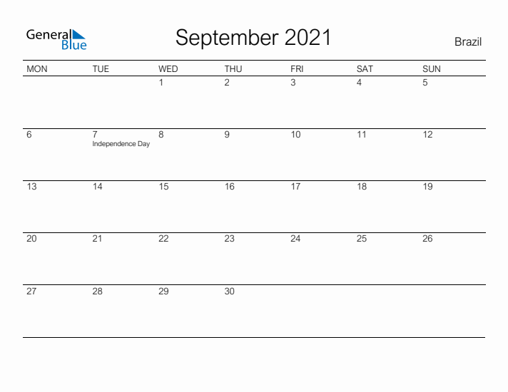 Printable September 2021 Calendar for Brazil