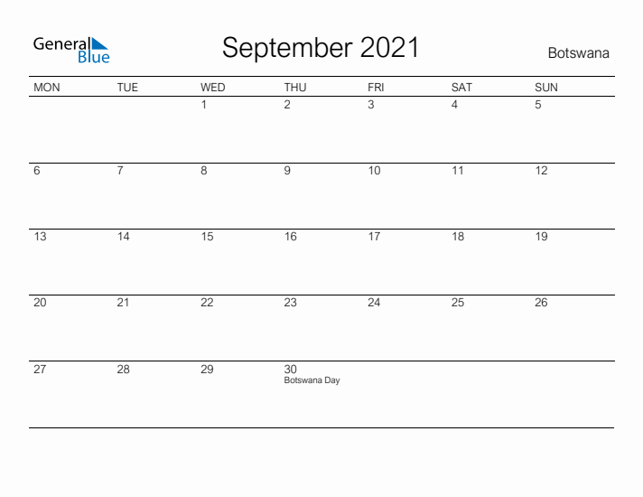 Printable September 2021 Calendar for Botswana