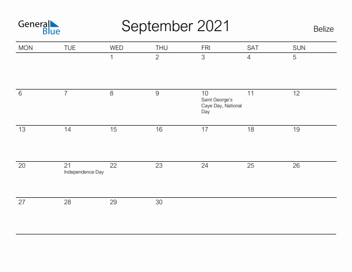 Printable September 2021 Calendar for Belize