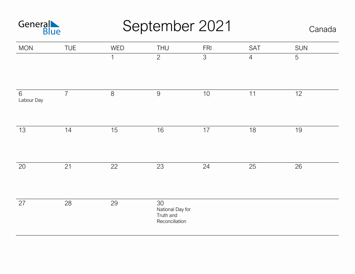 Printable September 2021 Monthly Calendar with Holidays for Canada