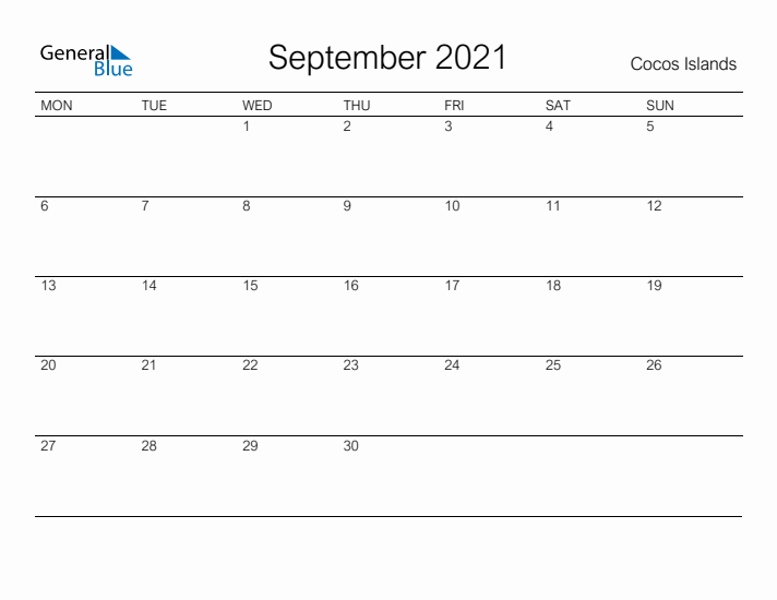 Printable September 2021 Calendar for Cocos Islands