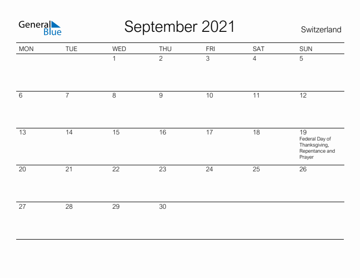 Printable September 2021 Calendar for Switzerland