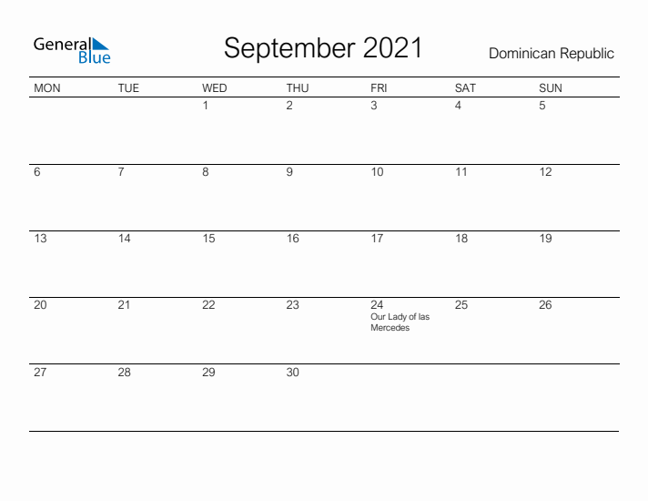 Printable September 2021 Calendar for Dominican Republic