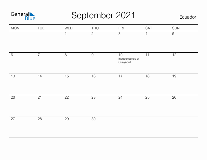 Printable September 2021 Calendar for Ecuador