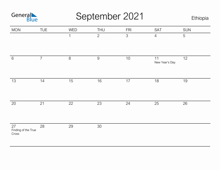 Printable September 2021 Calendar for Ethiopia