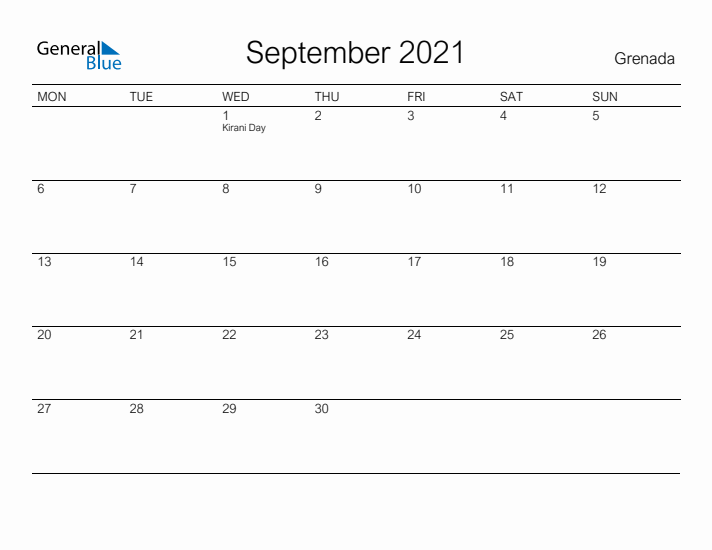 Printable September 2021 Calendar for Grenada