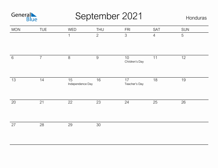 Printable September 2021 Calendar for Honduras