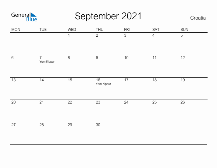 Printable September 2021 Calendar for Croatia