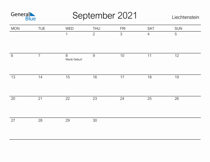 Printable September 2021 Calendar for Liechtenstein