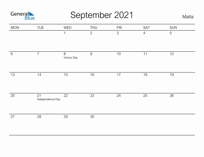 Printable September 2021 Calendar for Malta