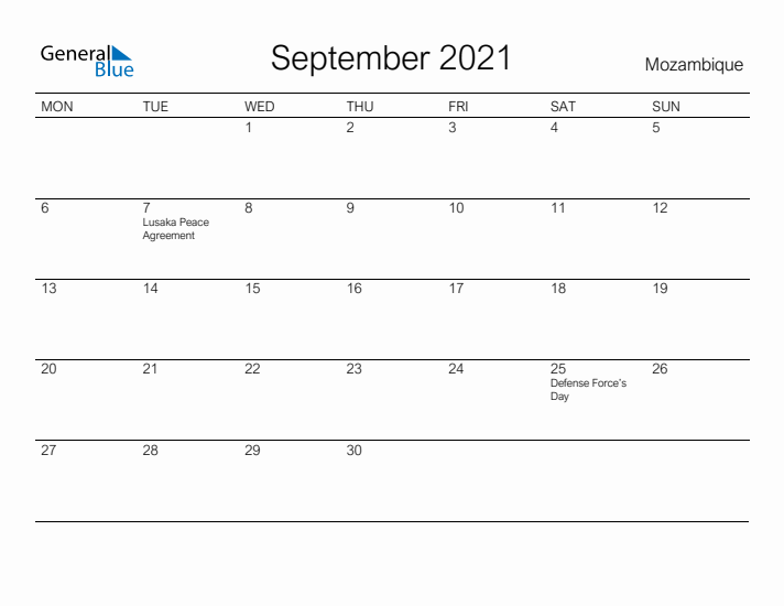 Printable September 2021 Calendar for Mozambique