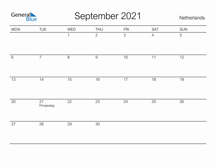 Printable September 2021 Calendar for The Netherlands