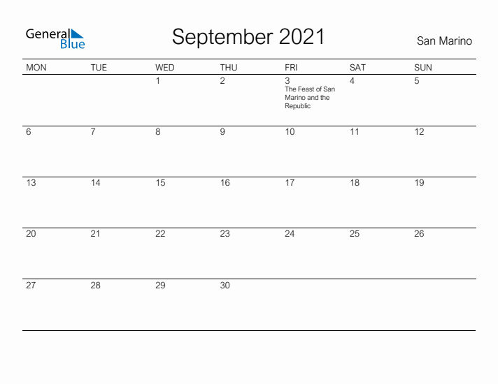 Printable September 2021 Calendar for San Marino