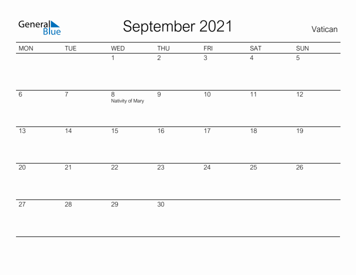 Printable September 2021 Calendar for Vatican