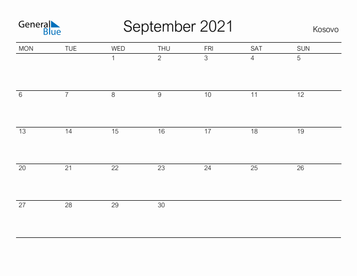 Printable September 2021 Calendar for Kosovo