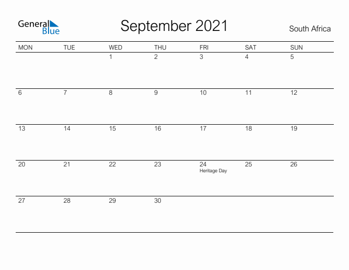 Printable September 2021 Calendar for South Africa