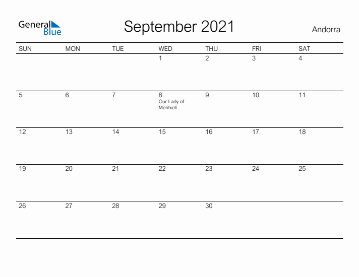 Printable September 2021 Calendar for Andorra