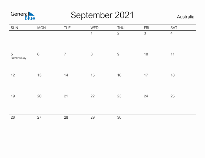 Printable September 2021 Calendar for Australia
