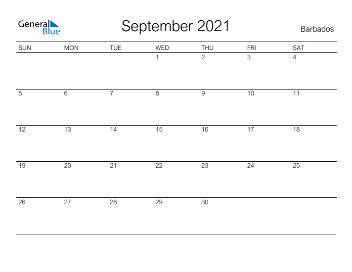 Printable September 2021 Calendar for Barbados