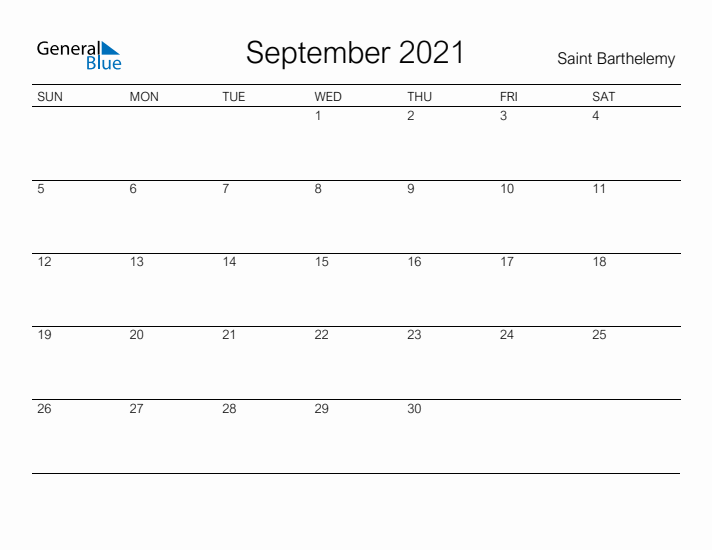 Printable September 2021 Calendar for Saint Barthelemy
