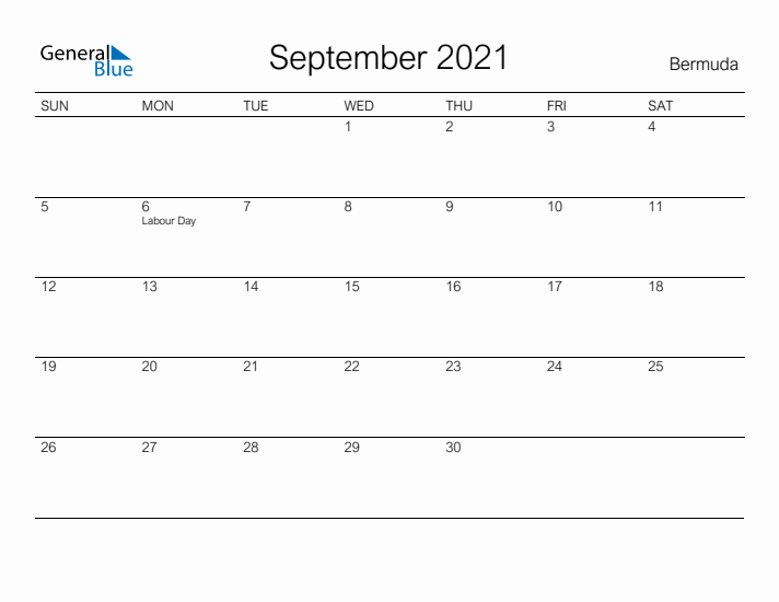 Printable September 2021 Calendar for Bermuda