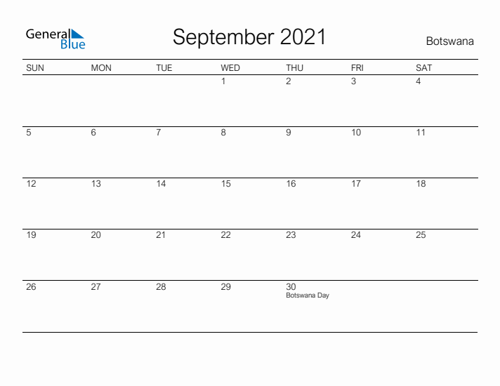 Printable September 2021 Calendar for Botswana