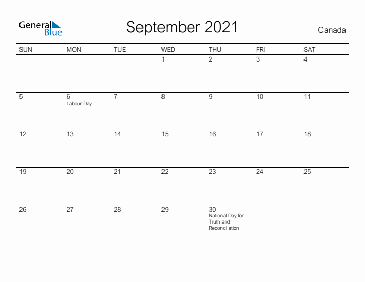Printable September 2021 Calendar for Canada