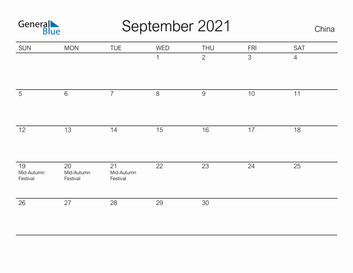 Printable September 2021 Calendar for China