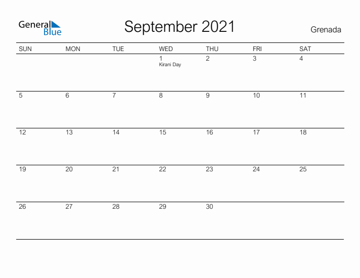 Printable September 2021 Calendar for Grenada