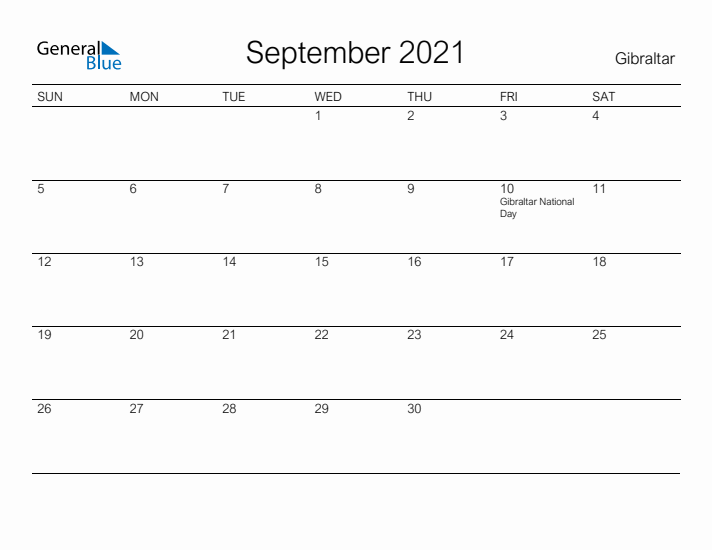 Printable September 2021 Calendar for Gibraltar