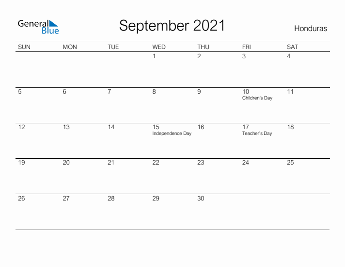 Printable September 2021 Calendar for Honduras