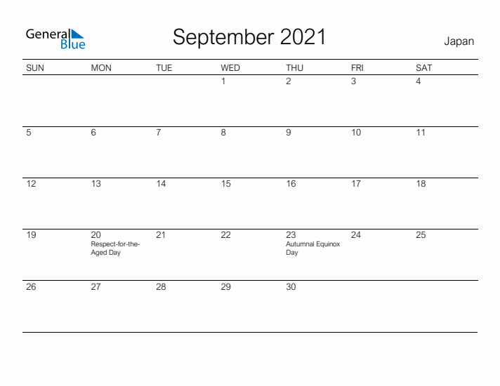 Printable September 2021 Calendar for Japan