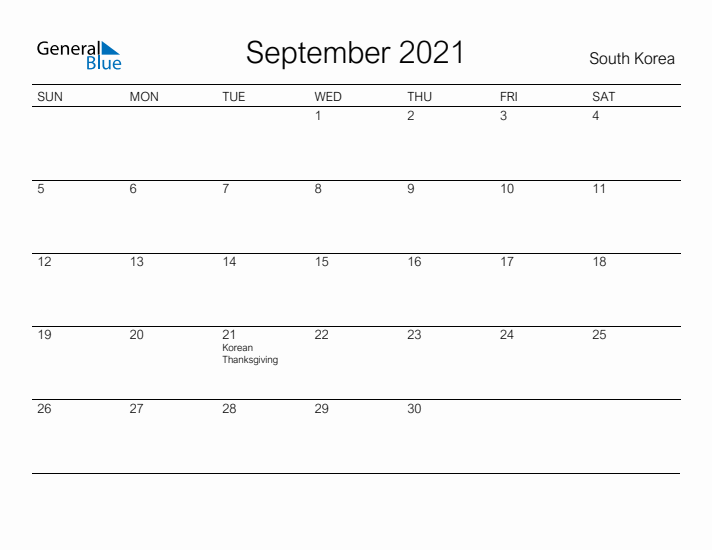Printable September 2021 Calendar for South Korea