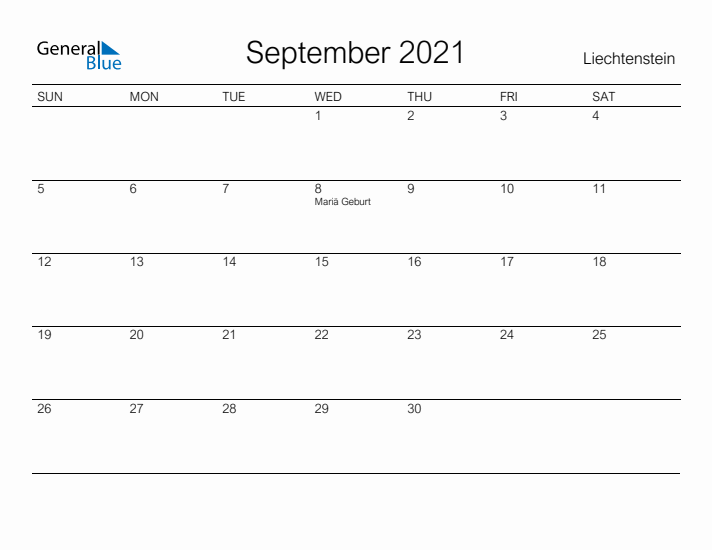 Printable September 2021 Calendar for Liechtenstein