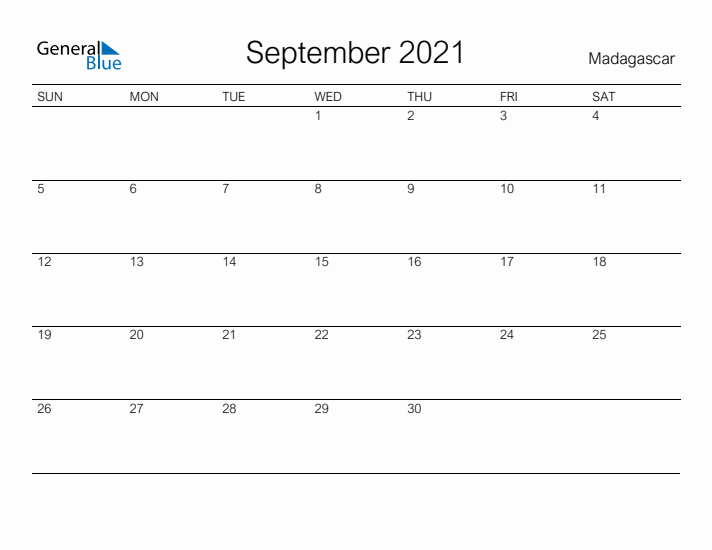 Printable September 2021 Calendar for Madagascar